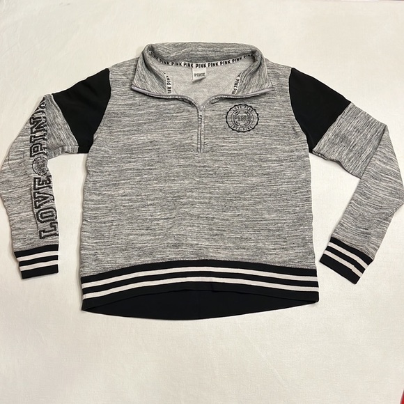 🔴 Victoria’s Secret PINK Grey & Black Varsity 3/4 Zip Pullover - Picture 2 of 9